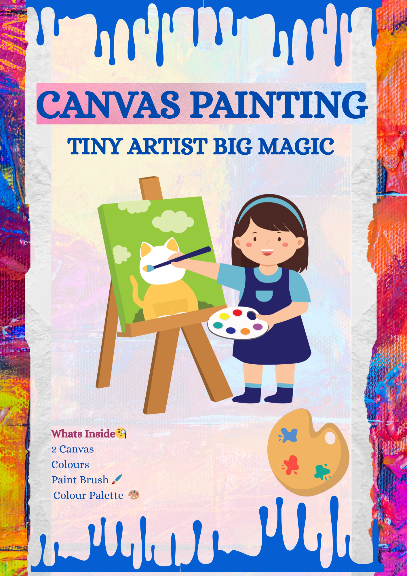 DIY Canvas Painting Kit for Kids - Set of 2 Pre-Sketched Canvases (Butterfly & Rhino), 12 Acrylic Colors, Brushes & Palette – Educational Art & Craft Gift for Boys and Girls