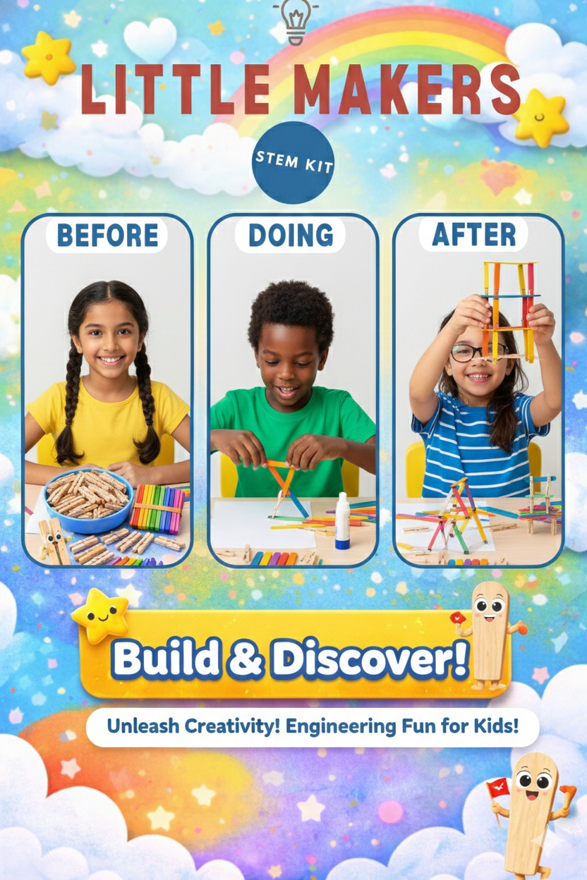 Little Makers: 5-in-1 STEM Engineering Kit – DIY Building Set with Wooden Pegs & Colorful Ice Cream Sticks