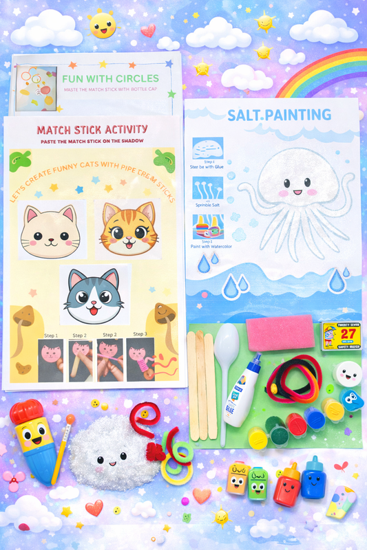 3-in-1 Creative Fun Learning Craft Kit – Salt Painting, Pipe Cleaner Cats & Matchstick Art – All-in-One Educational Activity Set for Kids