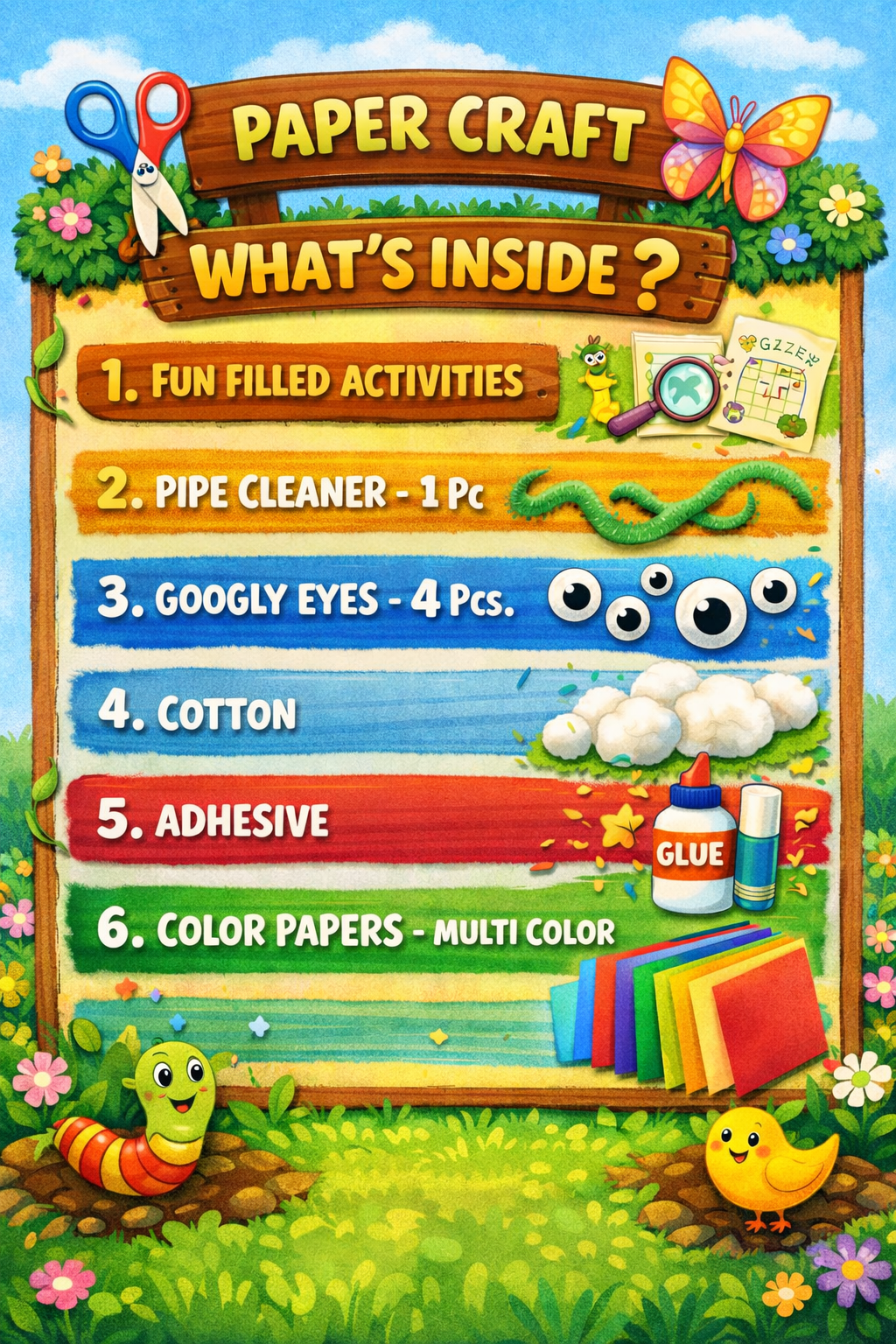 Cutykids DIY Paper Craft Kit for Kids – 5-in-1 Creative Activity Set (Butterfly, Caterpillar, Snail & More) – Perfect Birthday Return Gift