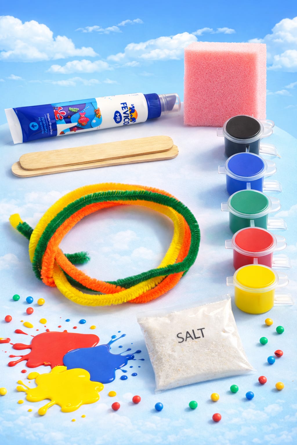 3-in-1 Creative Fun Learning Craft Kit – Salt Painting, Pipe Cleaner Cats & Matchstick Art – All-in-One Educational Activity Set for Kids