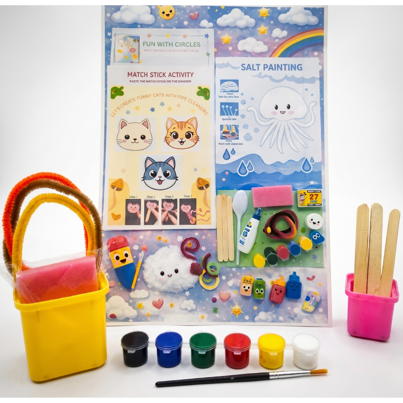 3-in-1 Creative Fun Learning Craft Kit – Salt Painting, Pipe Cleaner Cats & Matchstick Art – All-in-One Educational Activity Set for Kids