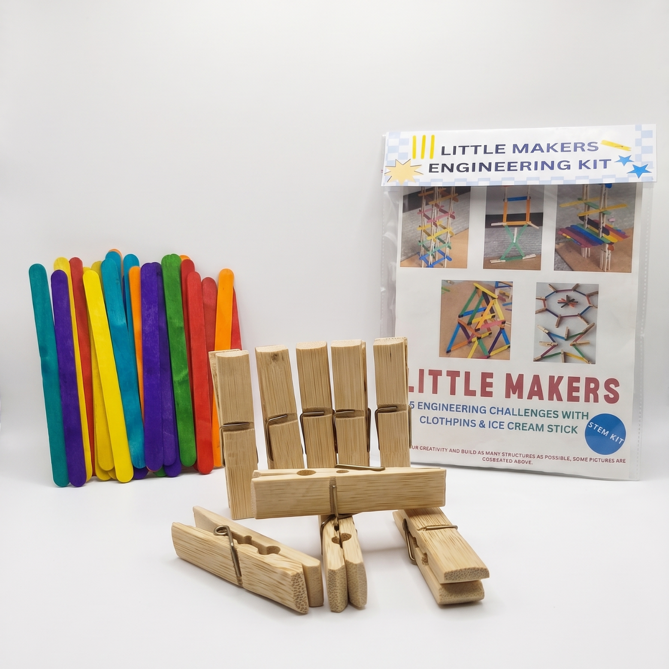 Little Makers: 5-in-1 STEM Engineering Kit – DIY Building Set with Wooden Pegs & Colorful Ice Cream Sticks