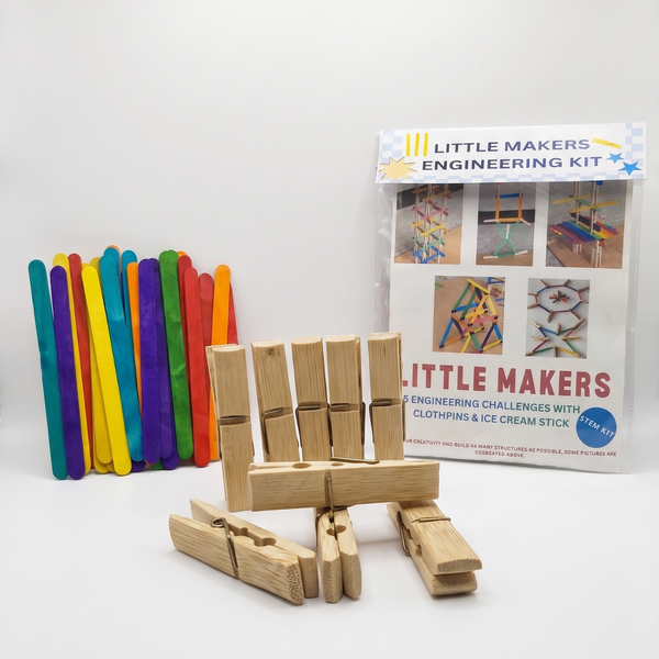 Little Makers: 5-in-1 STEM Engineering Kit – DIY Building Set with Wooden Pegs & Colorful Ice Cream Sticks