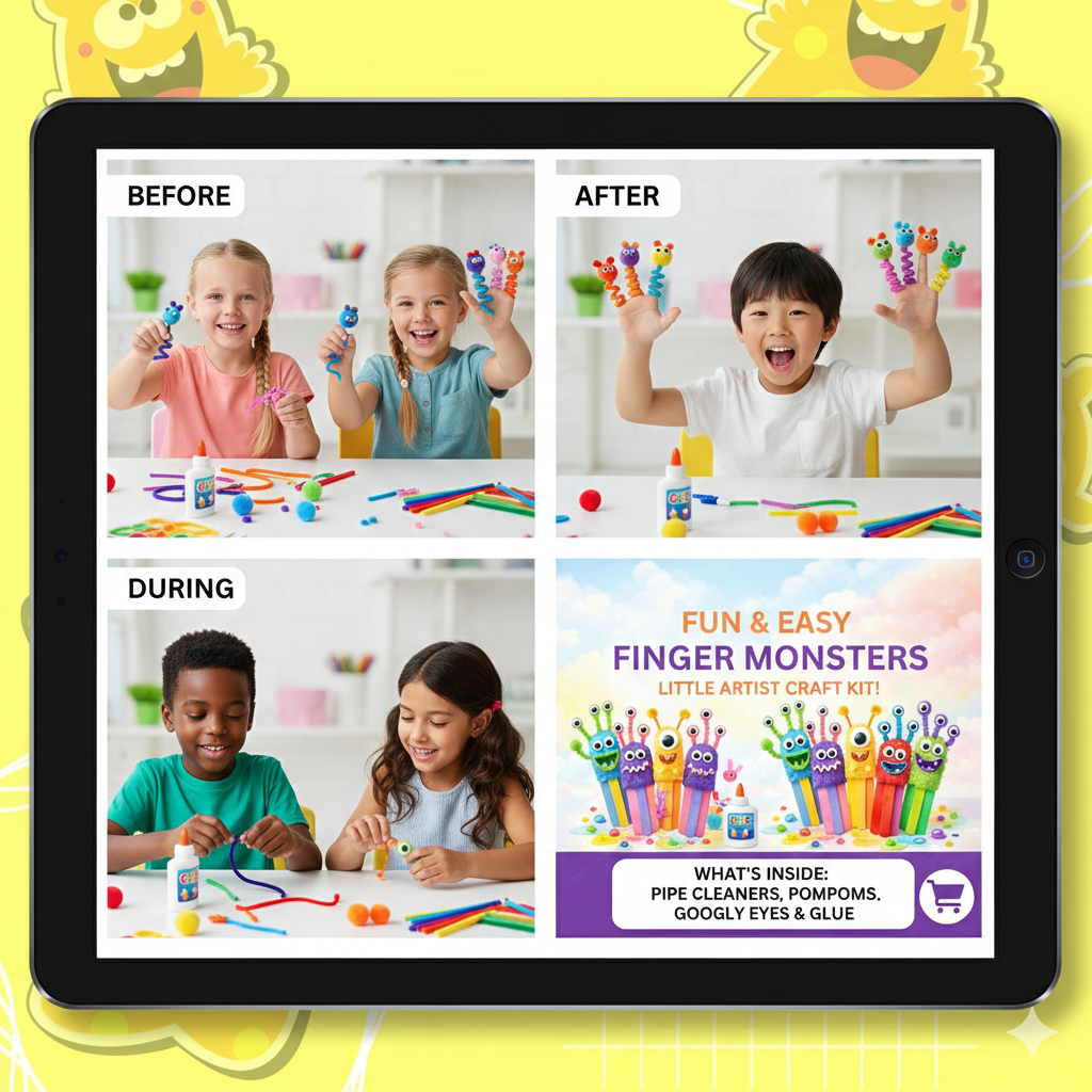 Cutykids DIY Monster Stick Puppets – Easy Ice Cream Stick Craft Kit for Kids