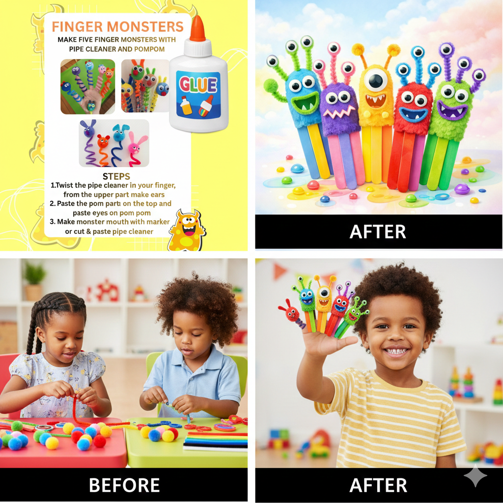 Cutykids DIY Monster Stick Puppets – Easy Ice Cream Stick Craft Kit for Kids