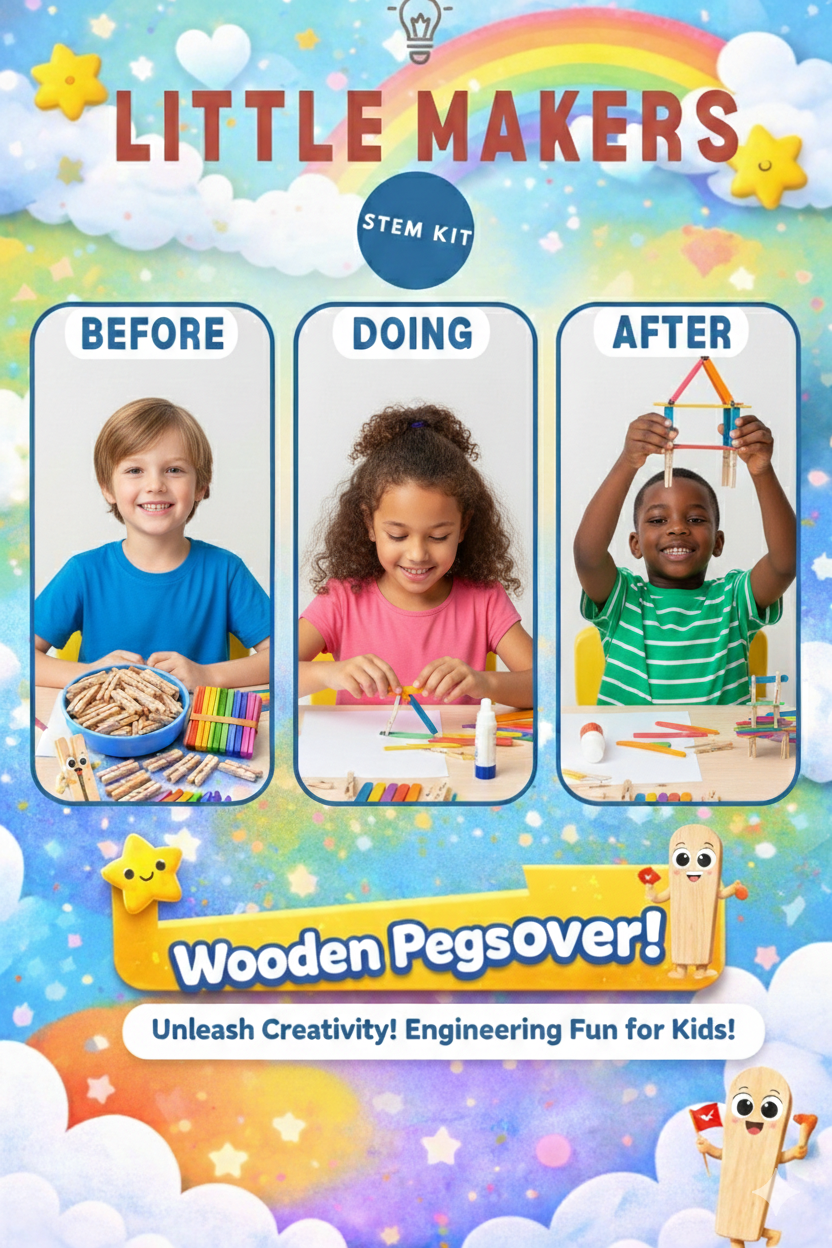 Cutykids Little Makers: 5-in-1 STEM Engineering Kit – DIY Building Set with Wooden Pegs & Colorful Ice Cream Sticks