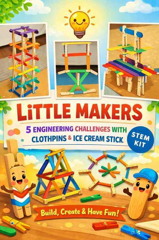 Little Makers: 5-in-1 STEM Engineering Kit – DIY Building Set with Wooden Pegs & Colorful Ice Cream Sticks