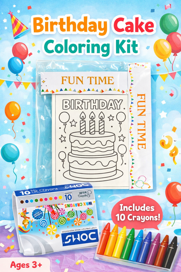 Birthday Cake Coloring Kit – Set of 10 Coloring Sheets with 10 Premium Wax Crayons | Perfect Birthday Return Gift for Kids