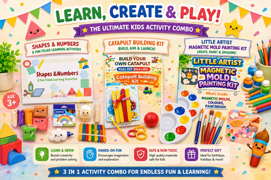 Cutykids 3-in-1 Ultimate Kids Activity Combo Kit | DIY STEM Catapult Builder, Magnetic Mold Painting & Educational Shapes & Number Learning Set| Art, Craft & Learning Toys for Ages 1+