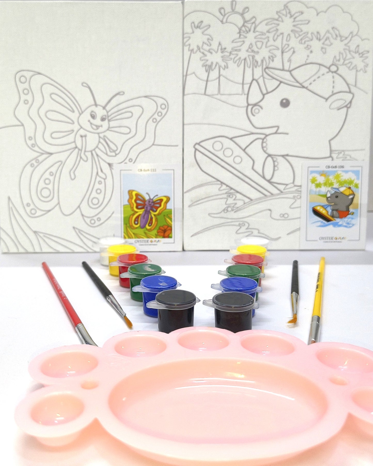 DIY Canvas Painting Kit for Kids - Set of 2 Pre-Sketched Canvases (Butterfly & Rhino), 12 Acrylic Colors, Brushes & Palette – Educational Art & Craft Gift for Boys and Girls