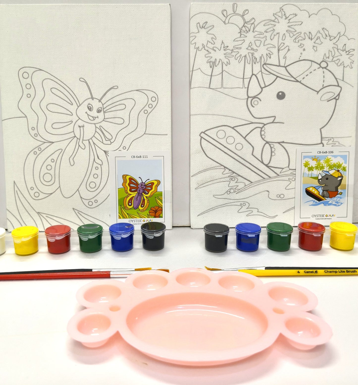DIY Canvas Painting Kit for Kids - Set of 2 Pre-Sketched Canvases (Butterfly & Rhino), 12 Acrylic Colors, Brushes & Palette – Educational Art & Craft Gift for Boys and Girls