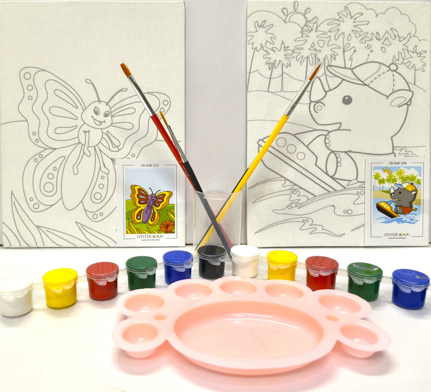 DIY Canvas Painting Kit for Kids - Set of 2 Pre-Sketched Canvases (Butterfly & Rhino), 12 Acrylic Colors, Brushes & Palette – Educational Art & Craft Gift for Boys and Girls