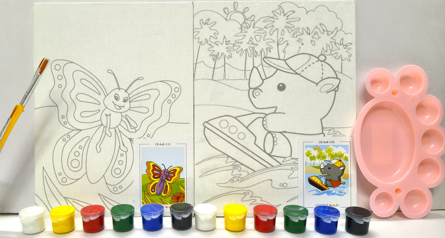 DIY Canvas Painting Kit for Kids - Set of 2 Pre-Sketched Canvases (Butterfly & Rhino), 12 Acrylic Colors, Brushes & Palette – Educational Art & Craft Gift for Boys and Girls