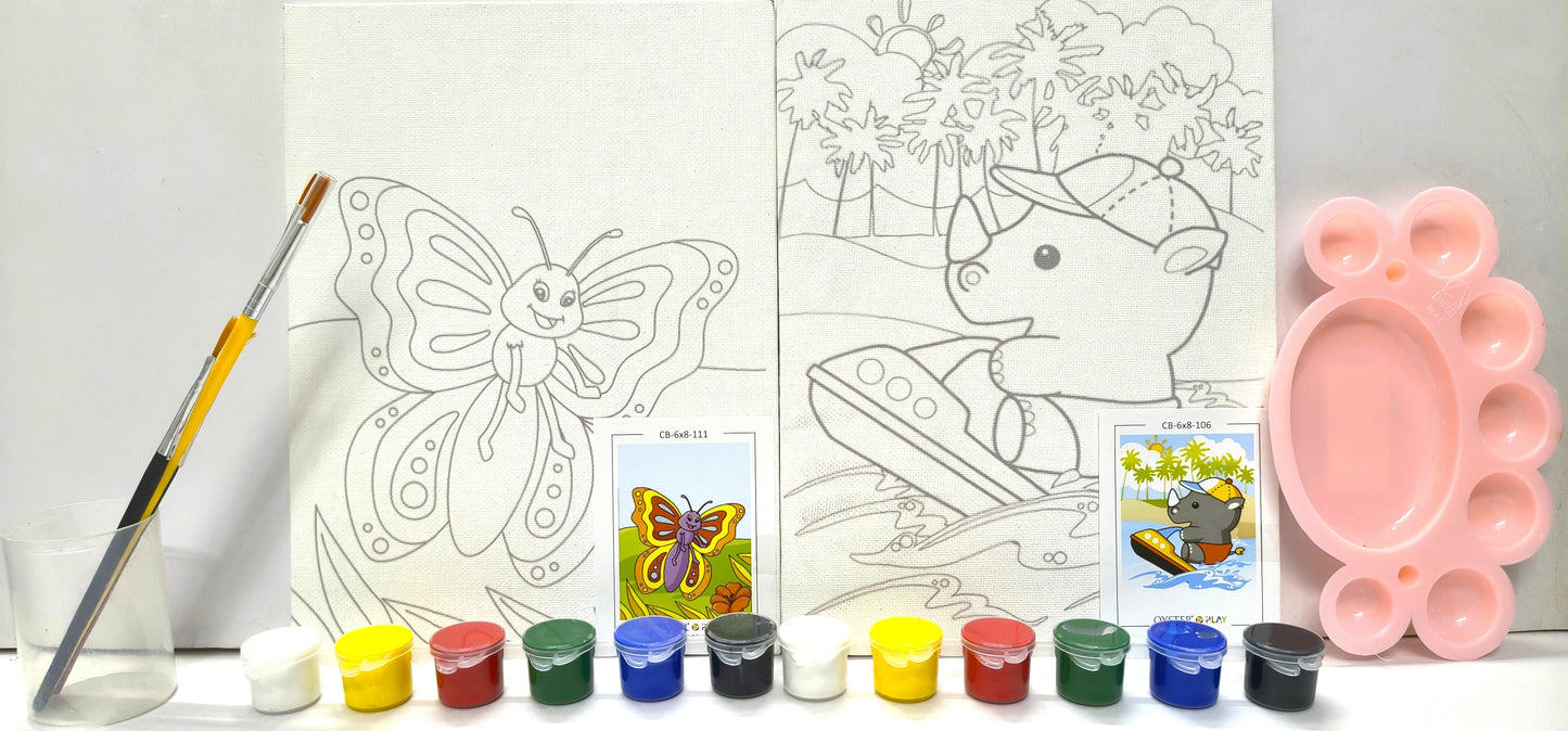 DIY Canvas Painting Kit for Kids - Set of 2 Pre-Sketched Canvases (Butterfly & Rhino), 12 Acrylic Colors, Brushes & Palette – Educational Art & Craft Gift for Boys and Girls